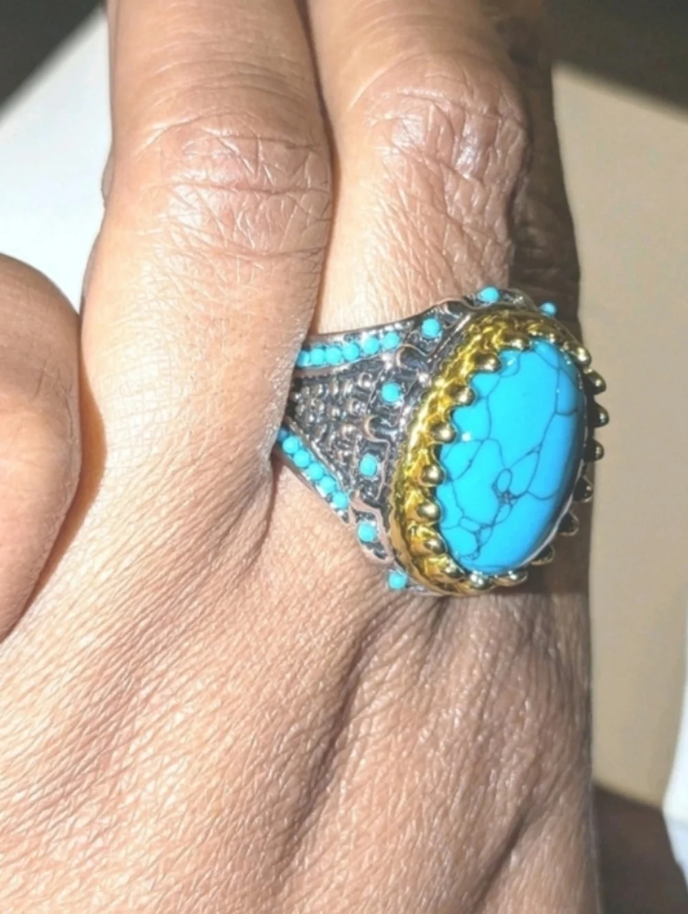 Retro Punk Style Ring Simulated Turquoise Two Tone Polished Statement Band Ring